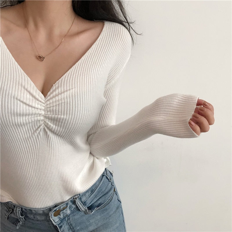 V Neck Women Sweater Autumn Knitted Pullover Jumper