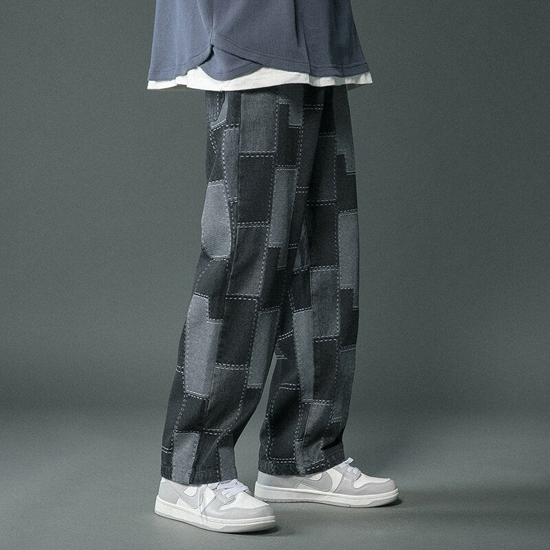 Men Jeans Vintage Geometric Patchwork Hip Hop Denim Pants