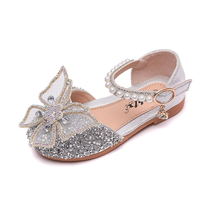 Girls Sequin Lace Bow Kids Shoes Girls Cute Pearl Princess Dance Single Casual