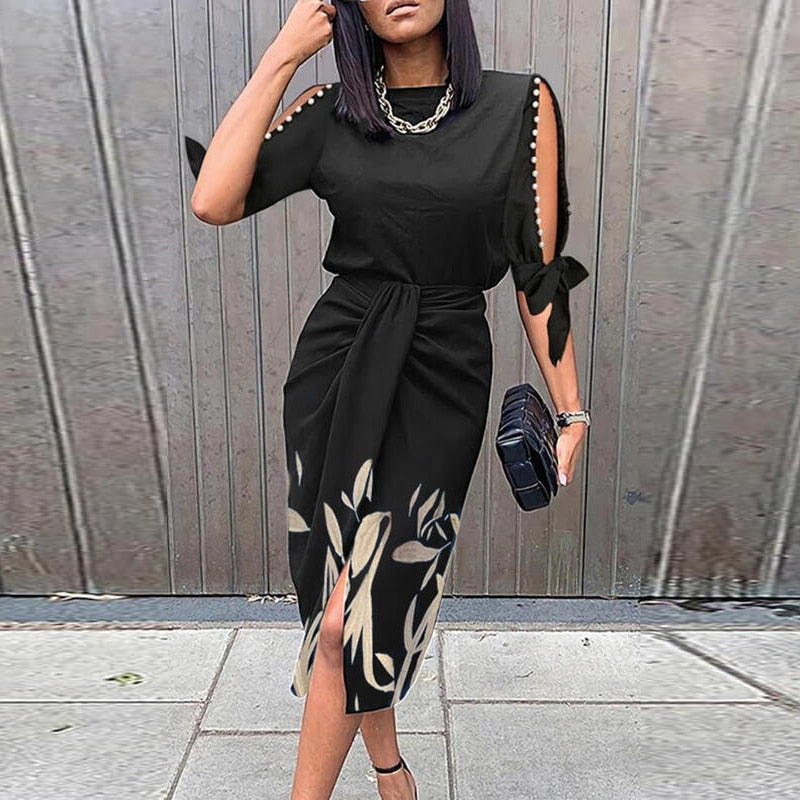Women Hollow Out Short Sleeve Party Dress Women Elegant O Neck Folds