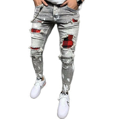 Men Skinny Jeans Quilted Embroidered jeans Ripped Grid Stretch Denim Pants