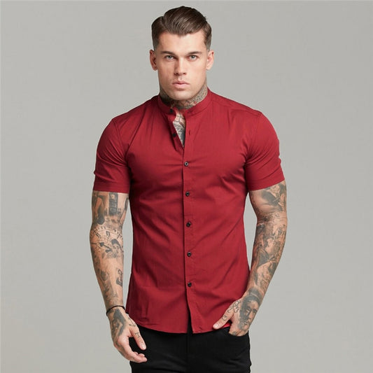 Summer Man Short Sleeve Shirt Solid Fitness Mens Stand