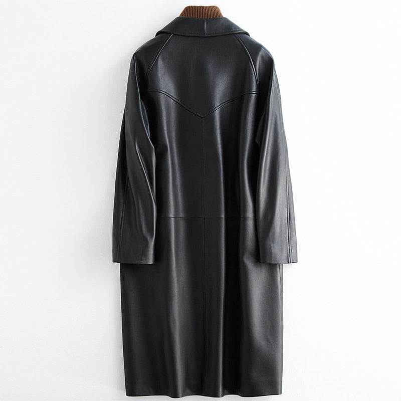 Lautaro Spring Autumn Black Oversized Leather Trench Coat for Women Raglan