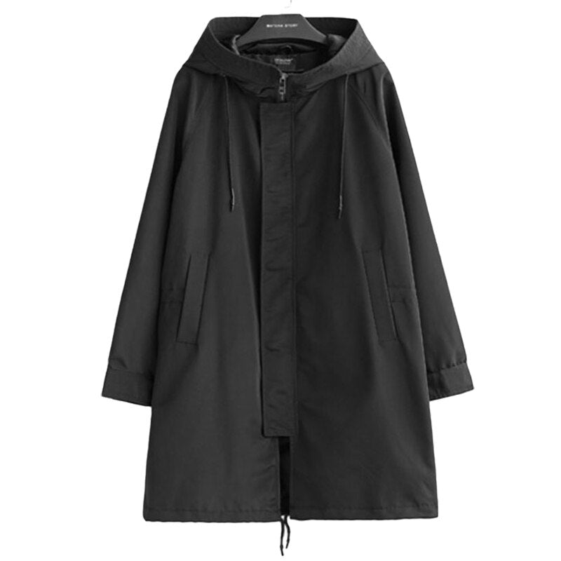 Spring Autumn Long Trench Coat Men Fashion Hooded Windbreaker Black Overcoat