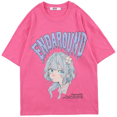 T-shirt Men Green Hair Girl Cartoon Anime Printed O-Neck  Streetwear