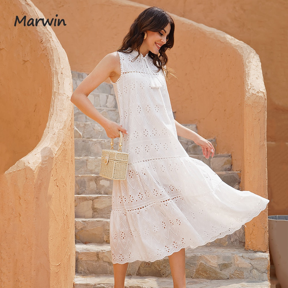 Long Simple Casual Solid Hollow Out Pure Cotton Holiday Style High Waist Fashion Mid-Calf Summer Dresses