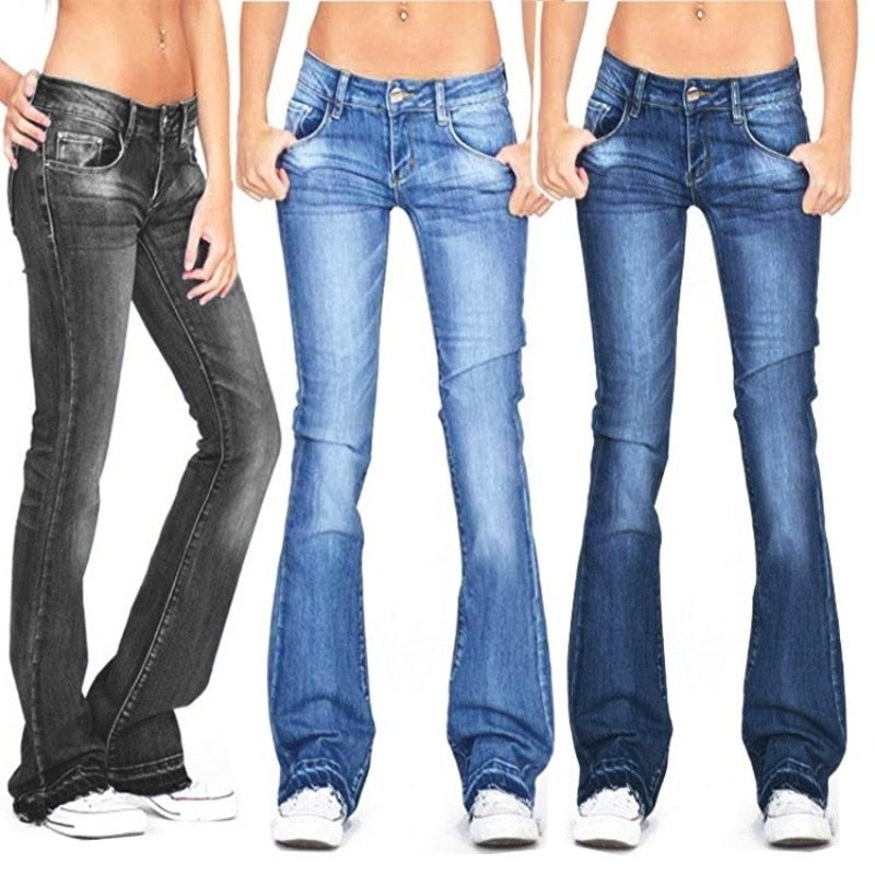 Black Flared Jeans Women Casual Vintage Skinny Low