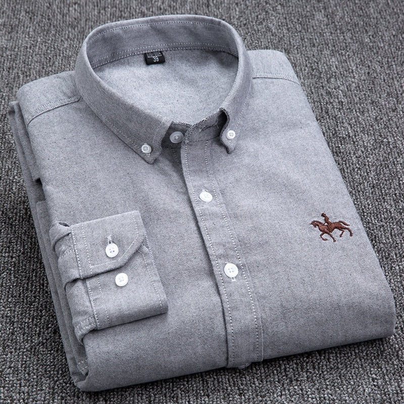 Cotton Oxford Shirt Men's Long Sleeve Embroidered Horse Casual
