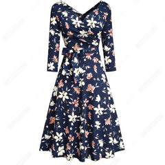 Women Classic Vintage V Neck Bow Party Casual Elegant Charming A Line Dress