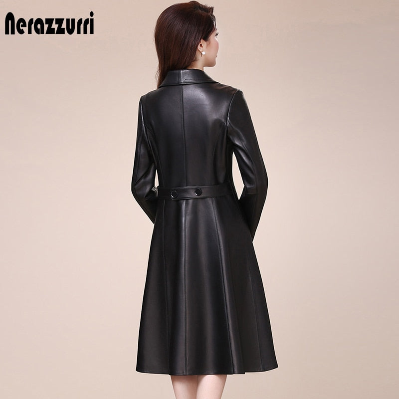 Spring autumn long black soft faux leather coat women long sleeve