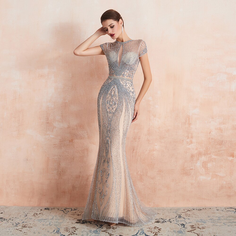 Evening wear Dresses: Wedding Evening Night Dresses Short Sleeves O Neck Beading