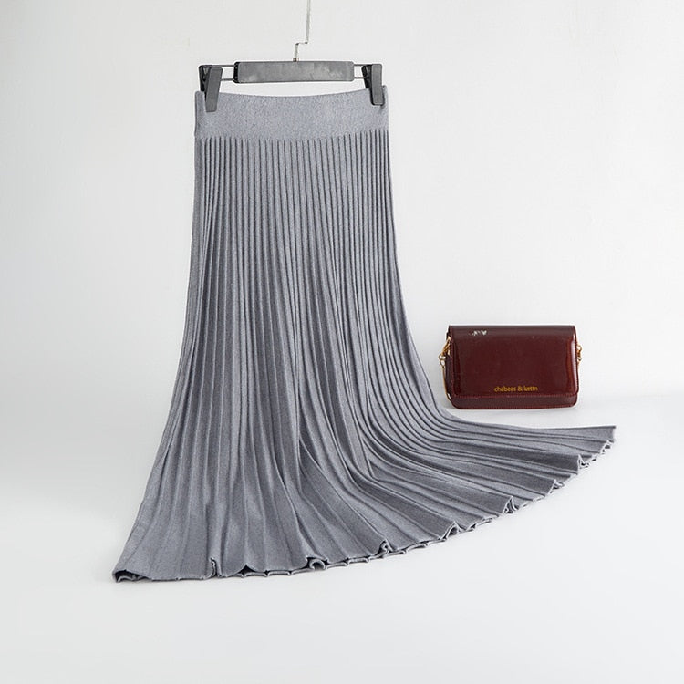 Vertical Striped knitted Women Sweater Skirt Elastic Band Pleated Midi Skirts
