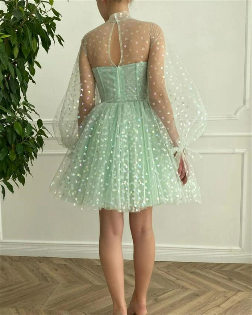 Homecoming Dresses: Light Green Tulle Short Prom Dresses High Neck A Line