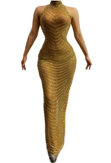 Full Gold Rhinestones Transparent Mesh Long Dress Women Birthday Celebrate