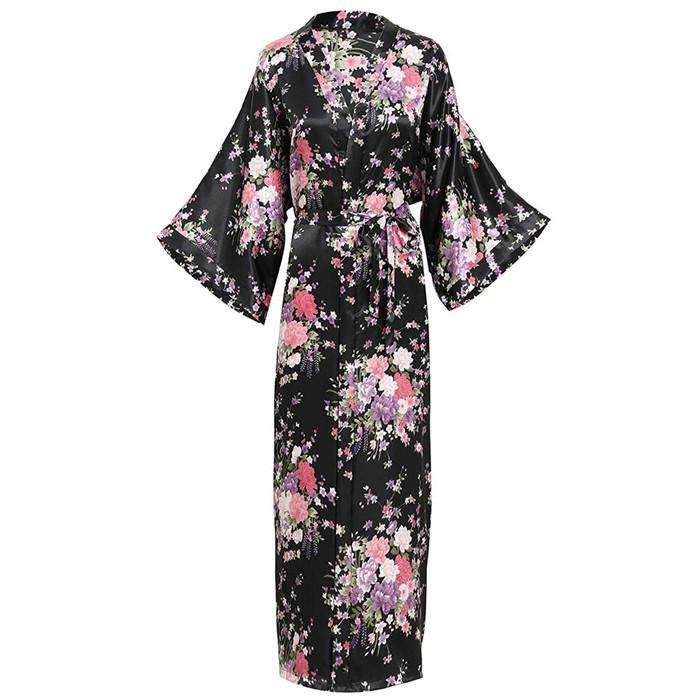 Women Exquisite Print Flower Kimono Gown Wedding Robe Elegant Ankle-length