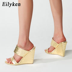 Pu Leather Women Slippers Summer Open Toe Wedge Sandals Ladies High Heels