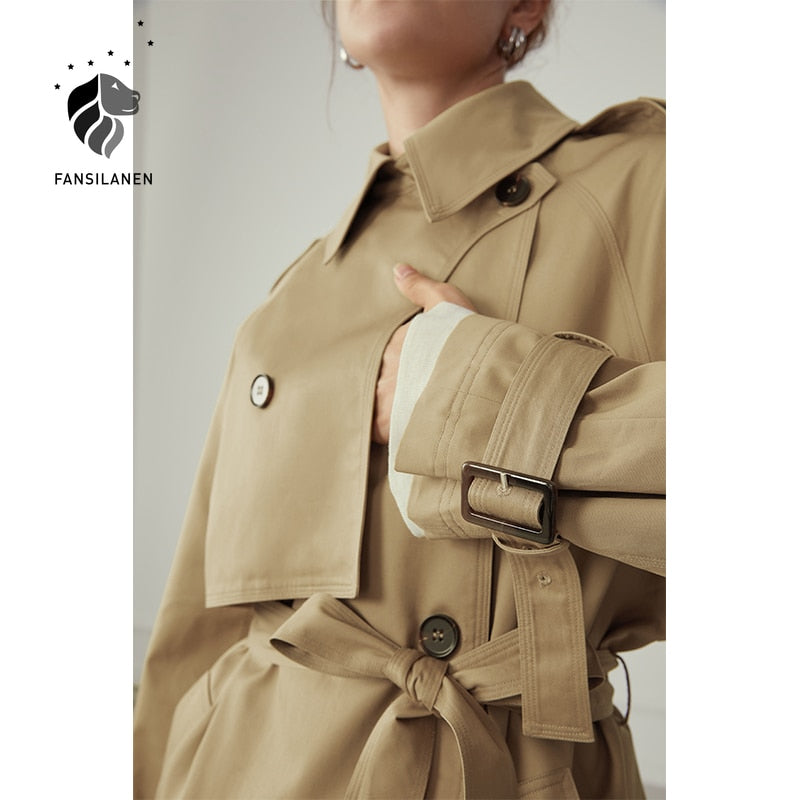 100% Cotton Khaki Long Women Trench Coat