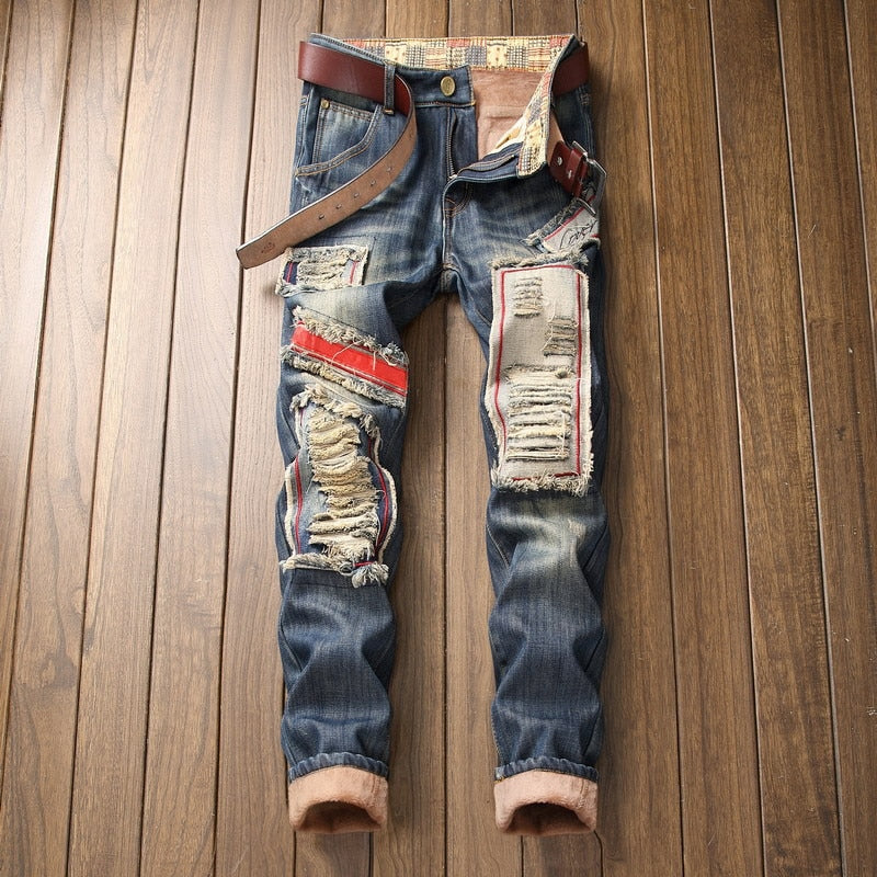 Winter Men Warm Fleece Jeans Retro Fashion Thicken Trousers