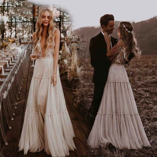 White Bridesmaid Dresses: Boho Deep V-Neck Wedding Dresses Champagne Ruffles Tulle