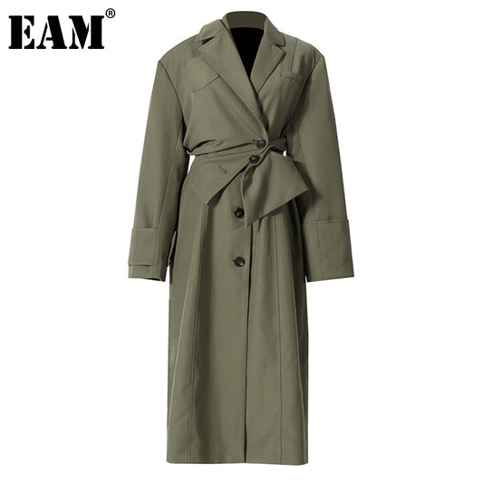Women Green Irregular Big Size Trench Lapel Long Sleeve Loose