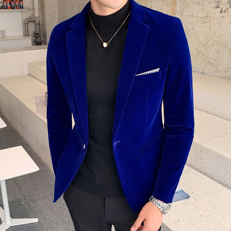 Burgundy Velvet Blazer Men Fashion Casual Blazer Men Wedding Groom