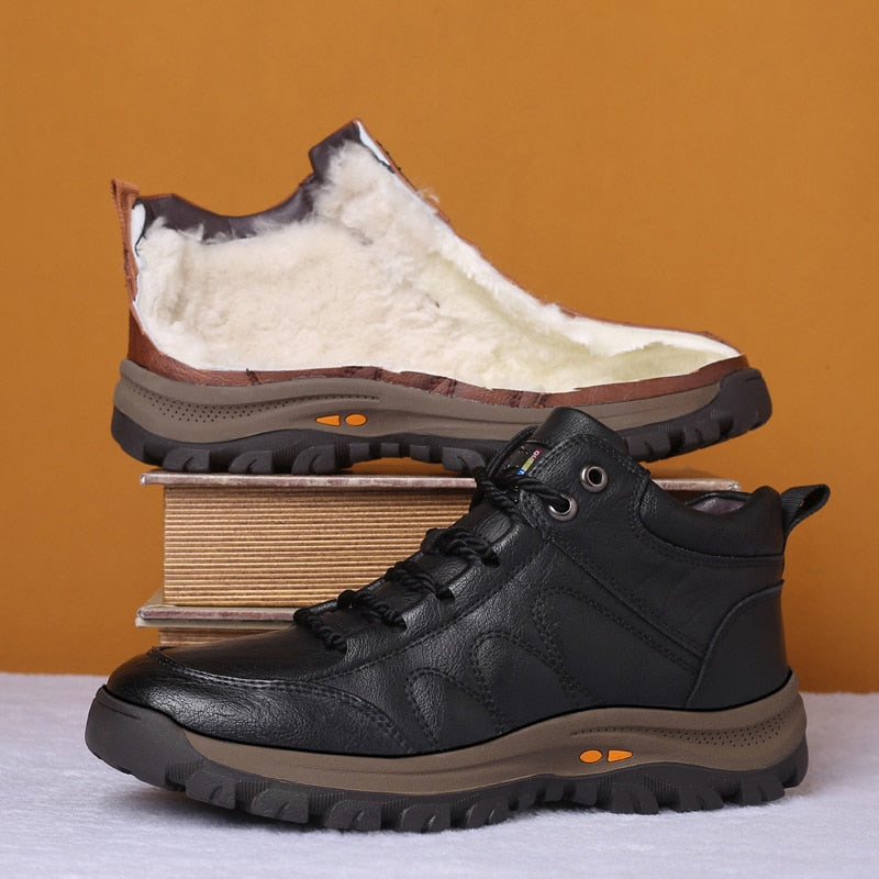 Men Leather Boots Wool Fur Thick Composite Sole Winter Shoes Men