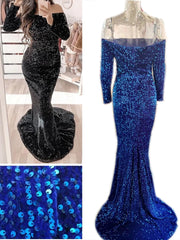 Off Shoulder Elegant Sequin Evening Party Blue Dress Sleeve Women Fashion Dress