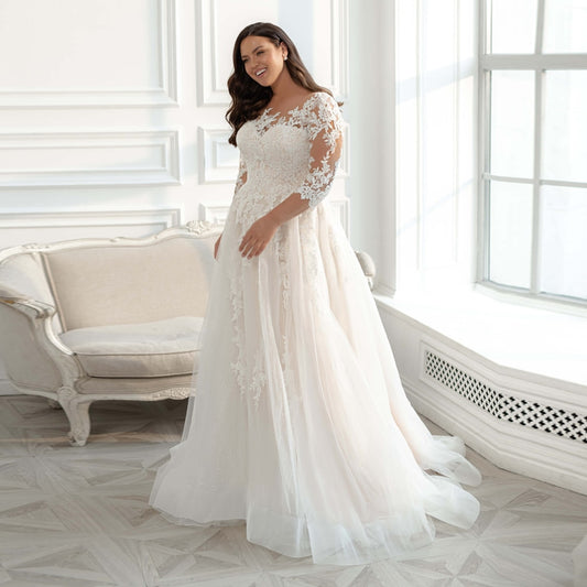 White Bridesmaid Dresses: Wedding Dress Plus Size 3/4 Sleeves Glitter Tulle Lace