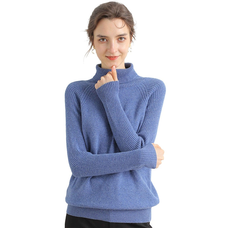 Women Turtleneck Merino Wool Cashmere Sweater Long Sleeves Autumn Winter Sweater