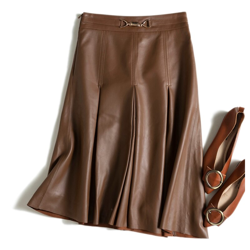 Literary Retro Leather Skirts Women Female 3D Metal  Tailoring High Waist Mid Long
