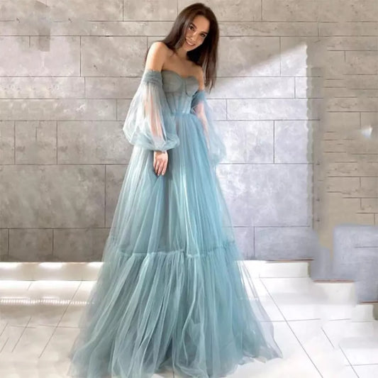 Evening wear Dresses: Puff Sleeve Evening Dresses  Off The Shoulder  Prom Gown