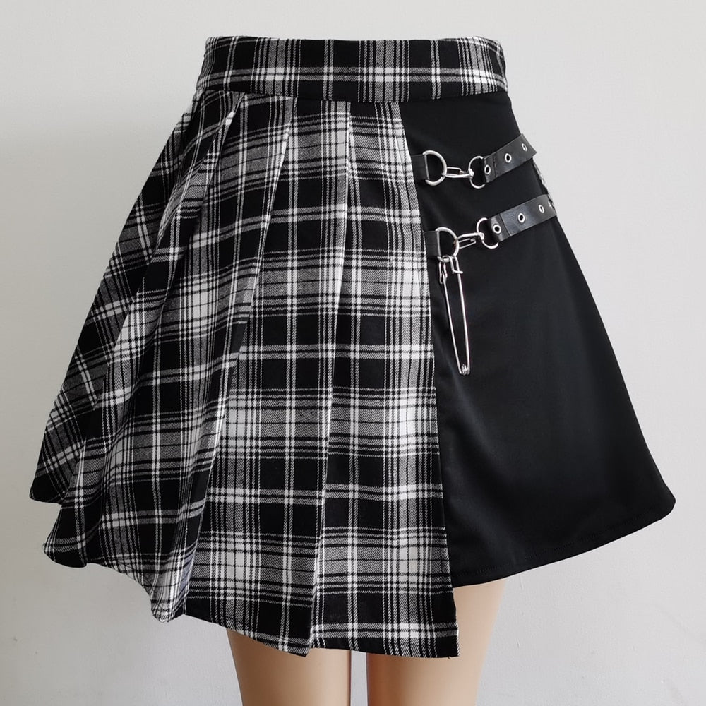 Womens Harajuku Punk Irregular Mini Pleated Skater Skirt Asymmetric Cutout High
