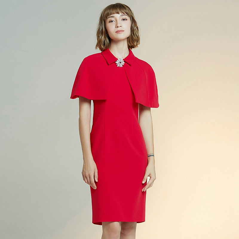 women style dress solid Cape slim dress short sleeve red Dress female