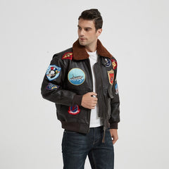 Dark Brown TOP GUN Pilot Leather Jacket Men Wool Collar Genuine Thick