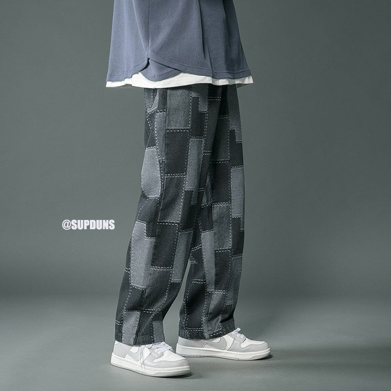 Men Jeans Vintage Geometric Patchwork Hip Hop Denim Pants