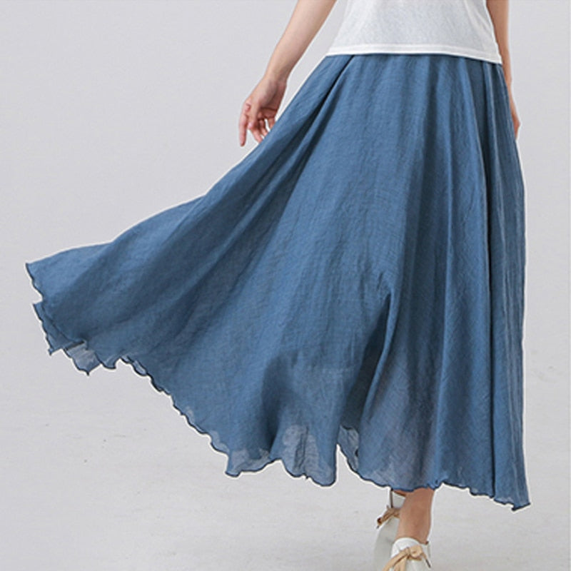 Cotton Linen Maxi Skirt Womens Casual Elastic High Waist Pleated