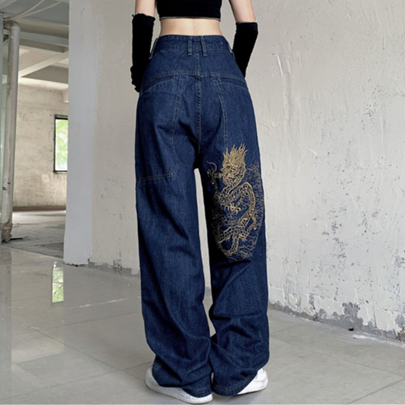 American retro street loose embroidered straight-leg jeans women