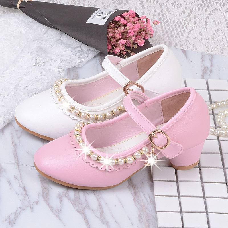 Princess Kids Leather Shoes for Girls High Heels Beaded Children