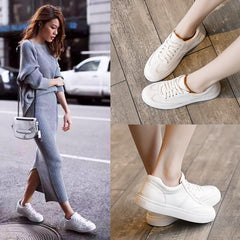 Fashion White Split Leather Women Chunky Sneakers White Shoes Lace Up