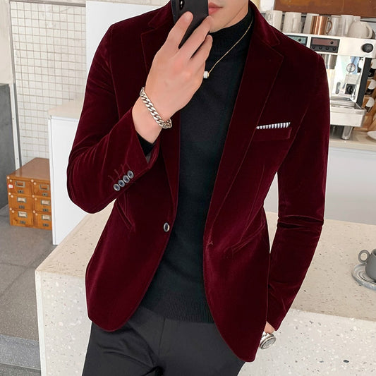 Burgundy Velvet Blazer Men Fashion Casual Blazer Men Wedding Groom