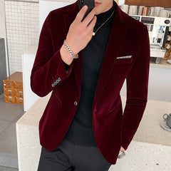 Burgundy Velvet Blazer Men Fashion Casual Blazer Men Wedding Groom