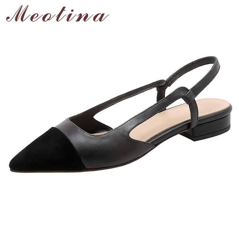 Meotina Genuine Leather Low Heel Slingbacks Shoes Women Shoes Pointed Toe