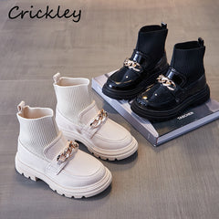 Metal Chain Girls Boys Fashion Boots PU Leather Knitting Patchwork Slip On Kids