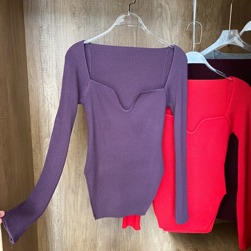 Square Collar Long Sleeve Woman Sweaters Knitted Pullover Women