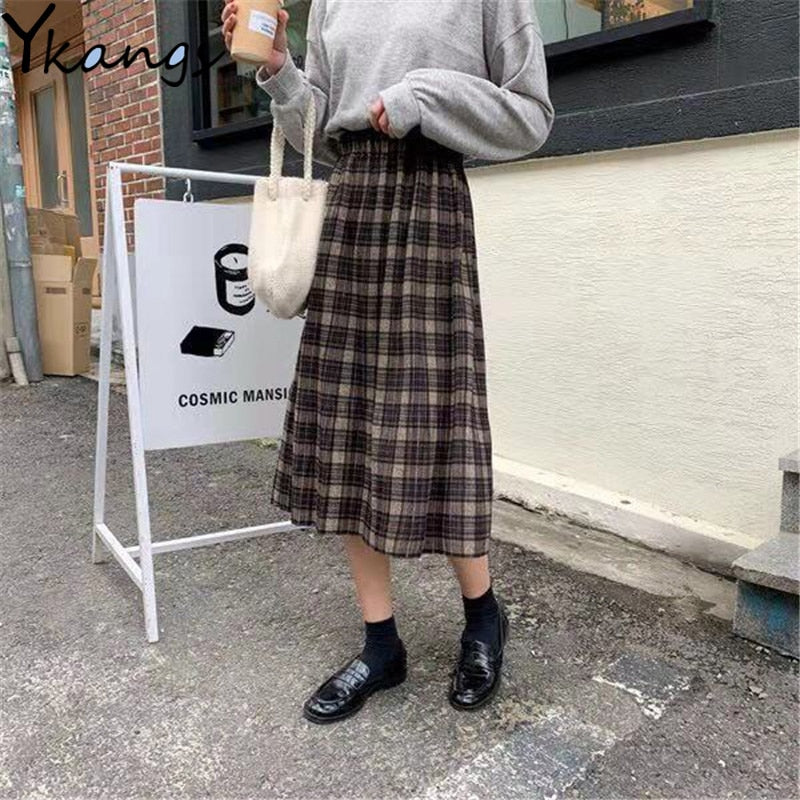 Woolen Winter Plus Size 3XL pleated plaid skirts Women Warm Vintage Long skirts