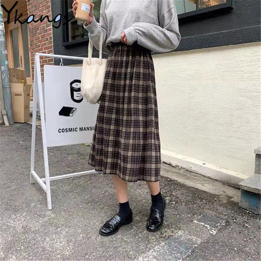 Woolen Winter Plus Size 3XL pleated plaid skirts Women Warm Vintage Long skirts