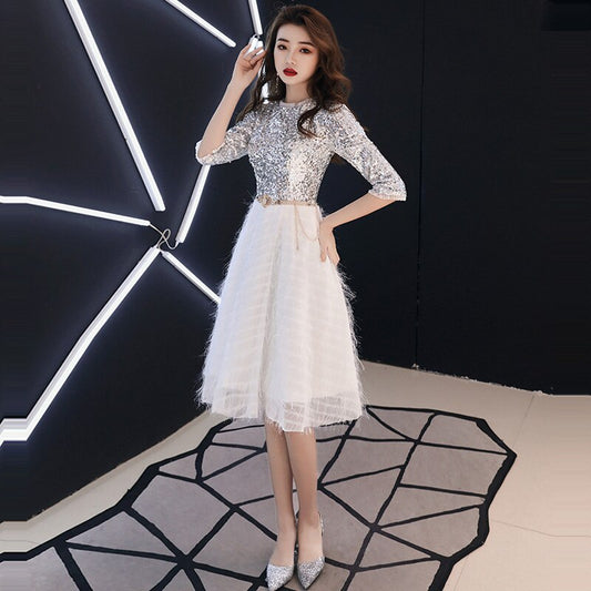 Homecoming Dresses: Prom Dresses Sparkling O-Neck Women Party Sliver White