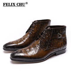 Street Style Genuine Leather Mens Ankle Boots Alligator Print Lace Up Buckle Black