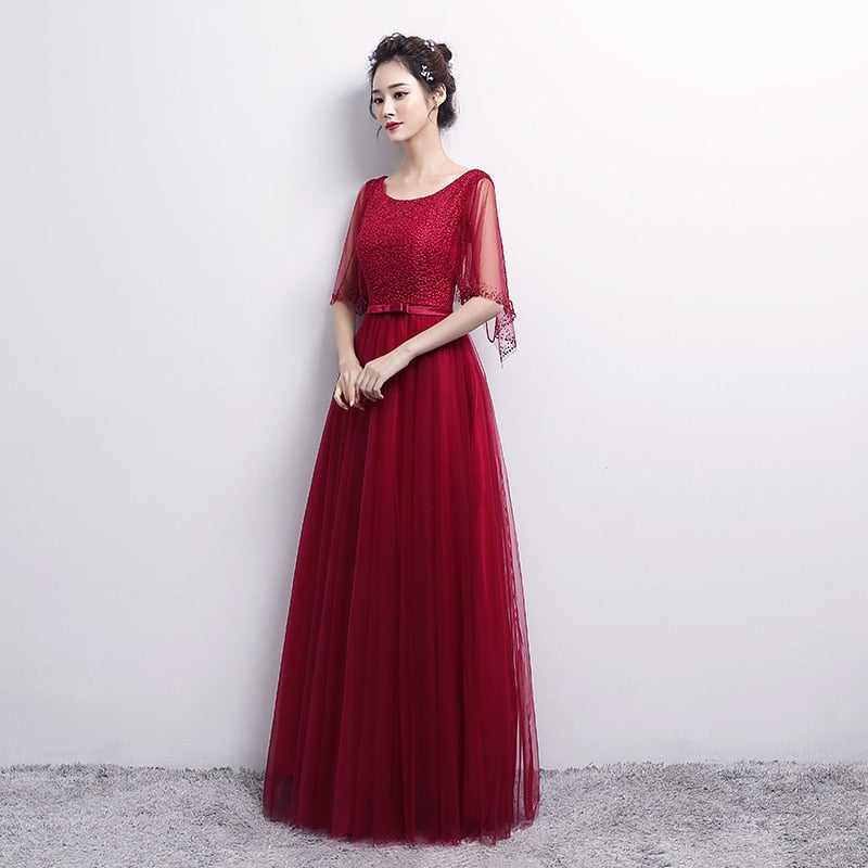 Evening wear Dresses: O Neck Tulle Evening Dresses Long Crystal Beading Prom