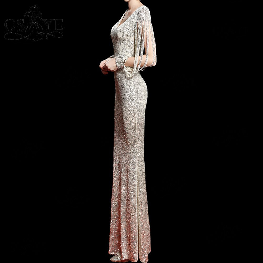 Evening wear Dresses: Silver Sequin Evening Dresses V neck Mermaid Prom Gown